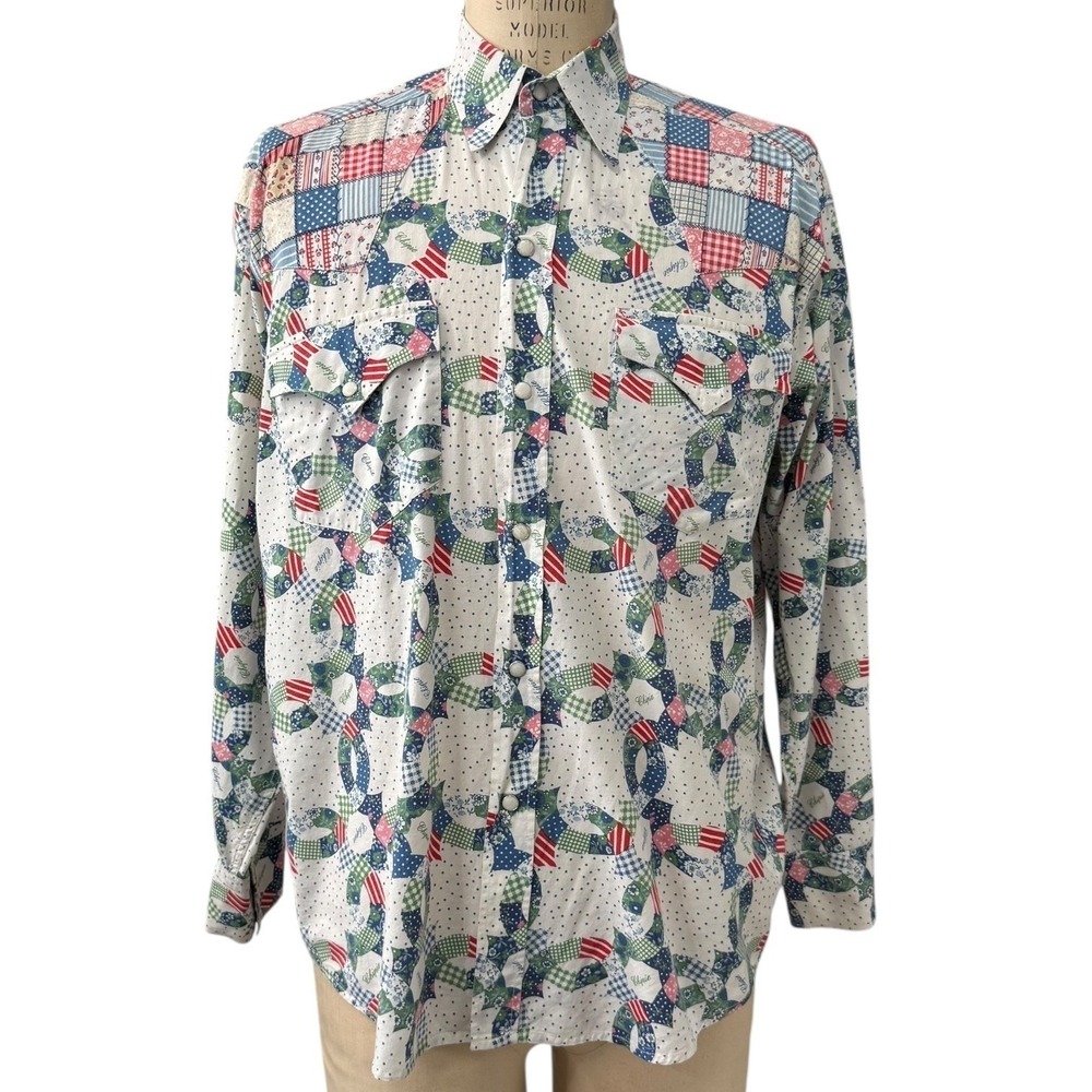 Vintage Chipie Westerner Quilted Patchwork Print Shirt Mens Long Sleeve Snap